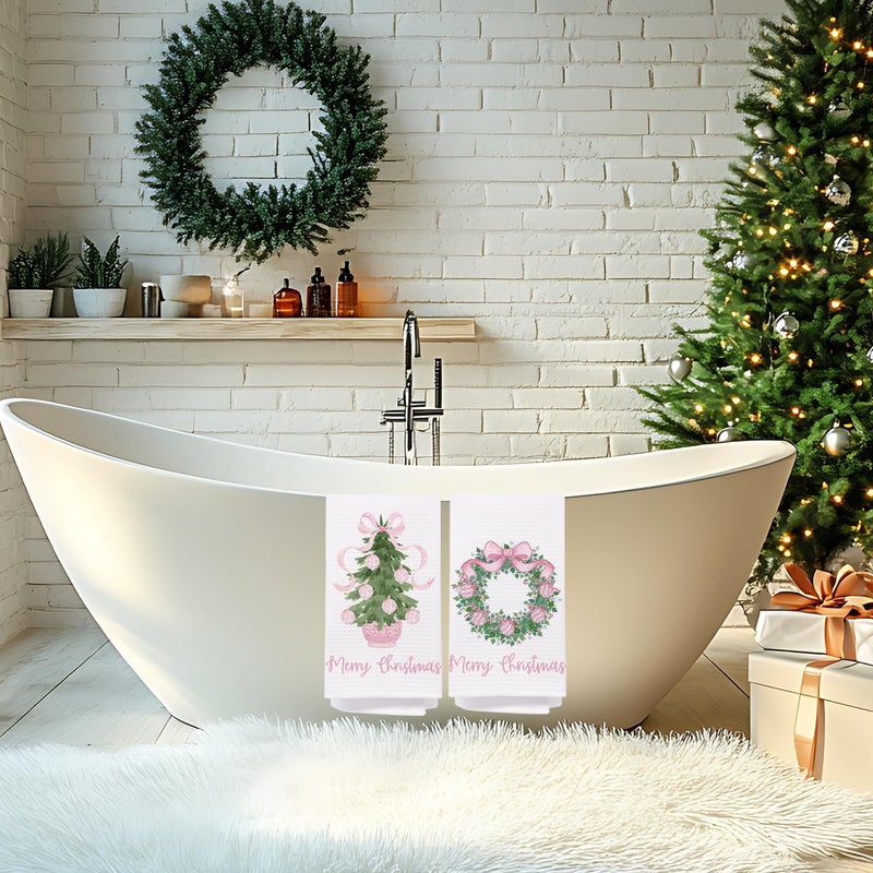 SPBL&L Chinoiserie Christmas Kitchen Towels, Pink Bow Coquette Christmas Tree Dish Towels for Kitchen Bathroom,Set of 2 Pink Christmas Hand Towels for Bathroom Kitchen, Grandmillennial Decor,16x24 Inches - Image 3